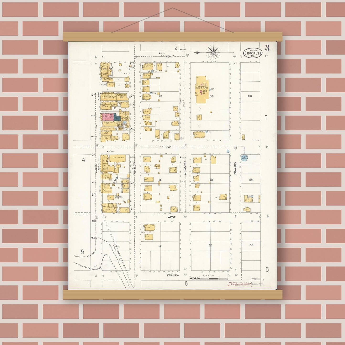 Old map wall art mockup — magnetic wood frame on brick wall — Sanborn Fire Insurance Map from Crockett, Contra Costa County, California (1906), Sheet #0003