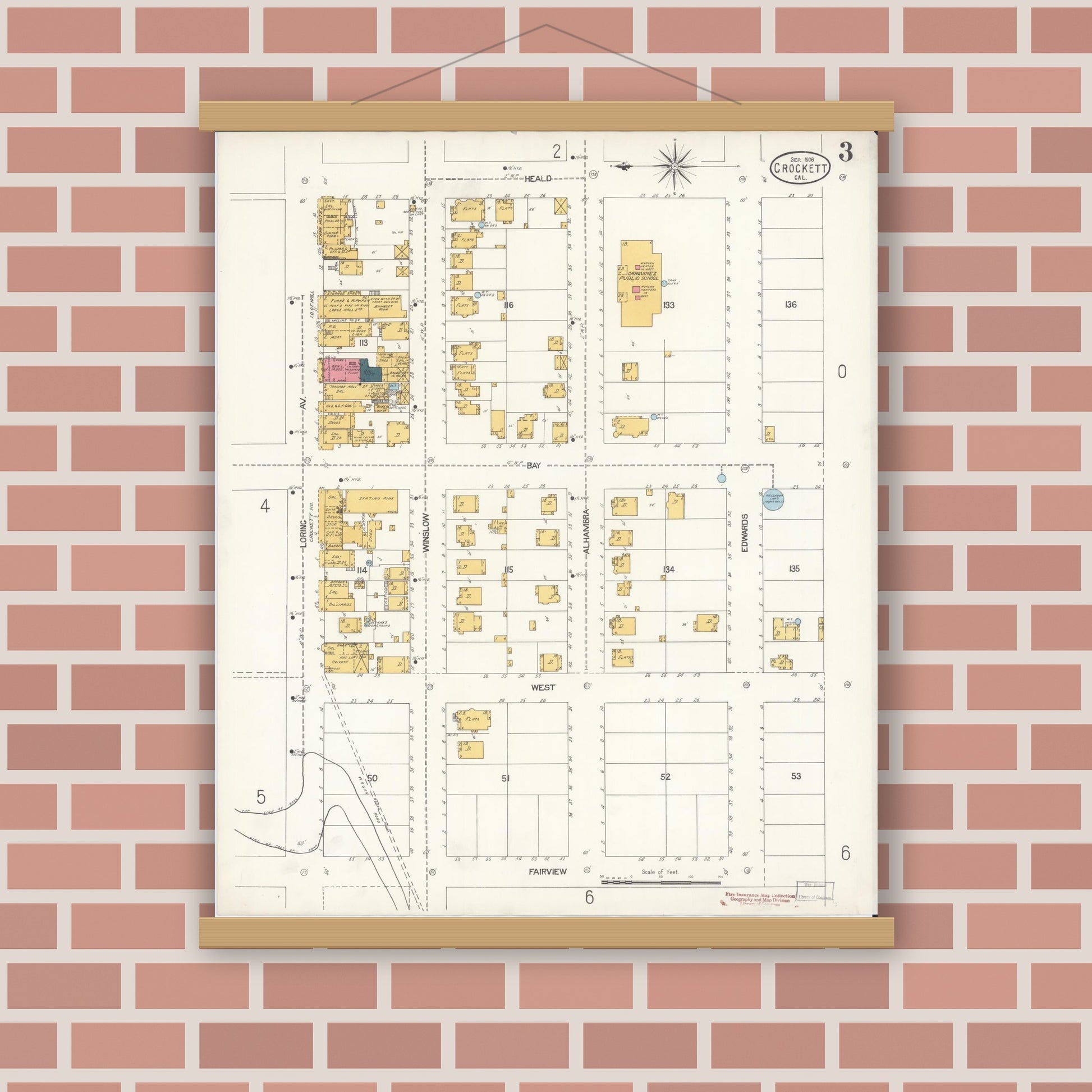 Old map wall art mockup — magnetic wood frame on brick wall — Sanborn Fire Insurance Map from Crockett, Contra Costa County, California (1906), Sheet #0003
