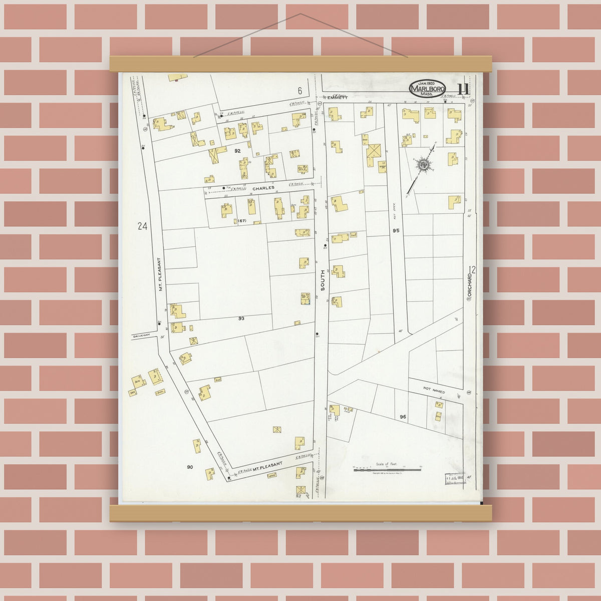 Old map wall art mockup — magnetic wood frame on brick wall — Sanborn Fire Insurance Map from Marlborough, Middlesex County, Massachusetts (1920), Sheet #0011
