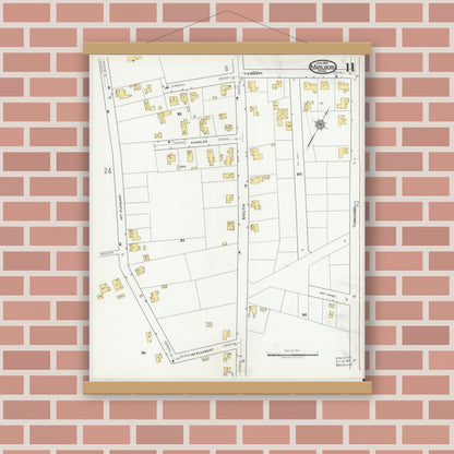 Old map wall art mockup — magnetic wood frame on brick wall — Sanborn Fire Insurance Map from Marlborough, Middlesex County, Massachusetts (1920), Sheet #0011