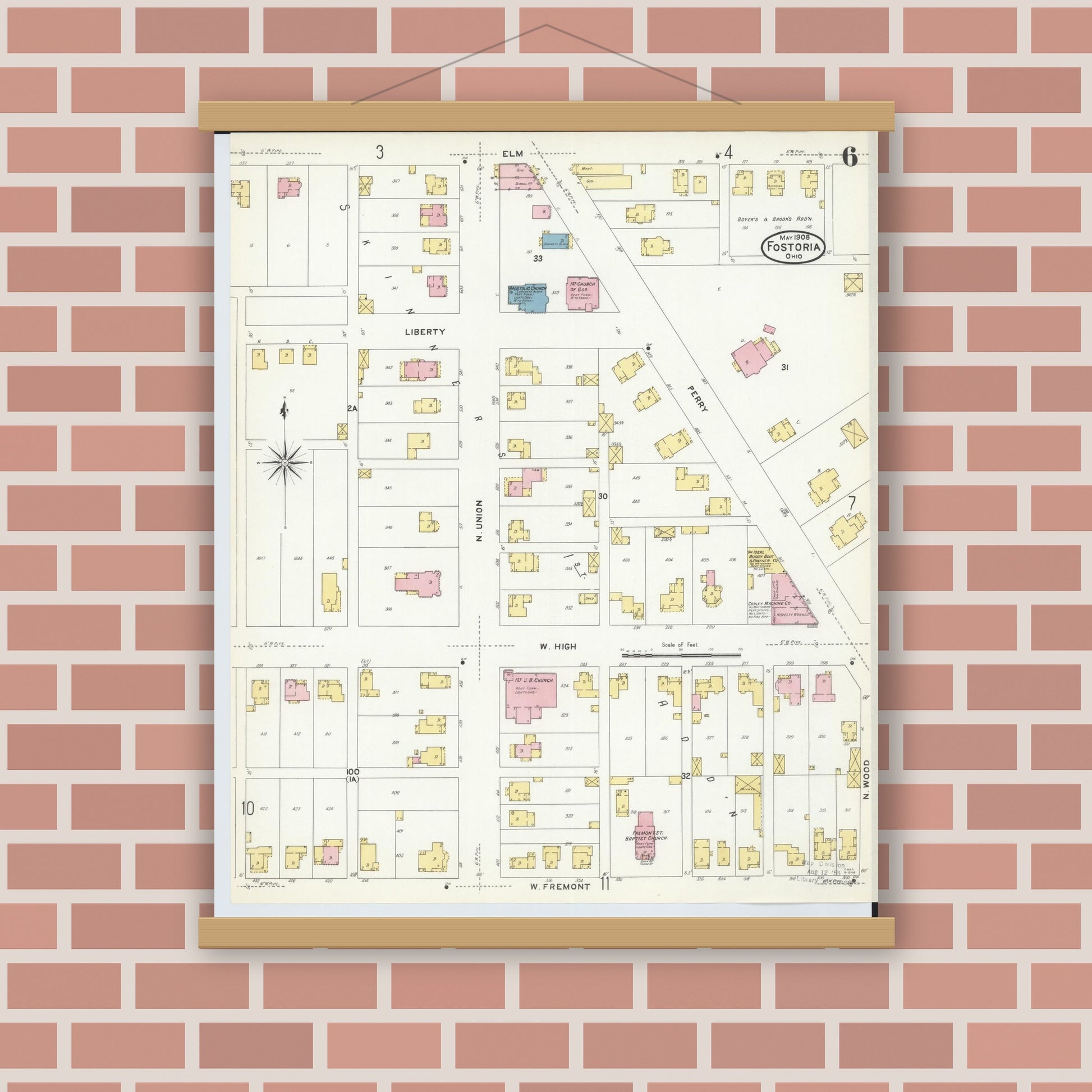Old map wall art mockup — magnetic wood frame on brick wall — Sanborn Fire Insurance Map from Fostoria, Seneca, Hancock, And Wood Counties, Ohio (1908), Sheet #0006
