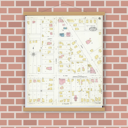 Old map wall art mockup — magnetic wood frame on brick wall — Sanborn Fire Insurance Map from Fostoria, Seneca, Hancock, And Wood Counties, Ohio (1908), Sheet #0006