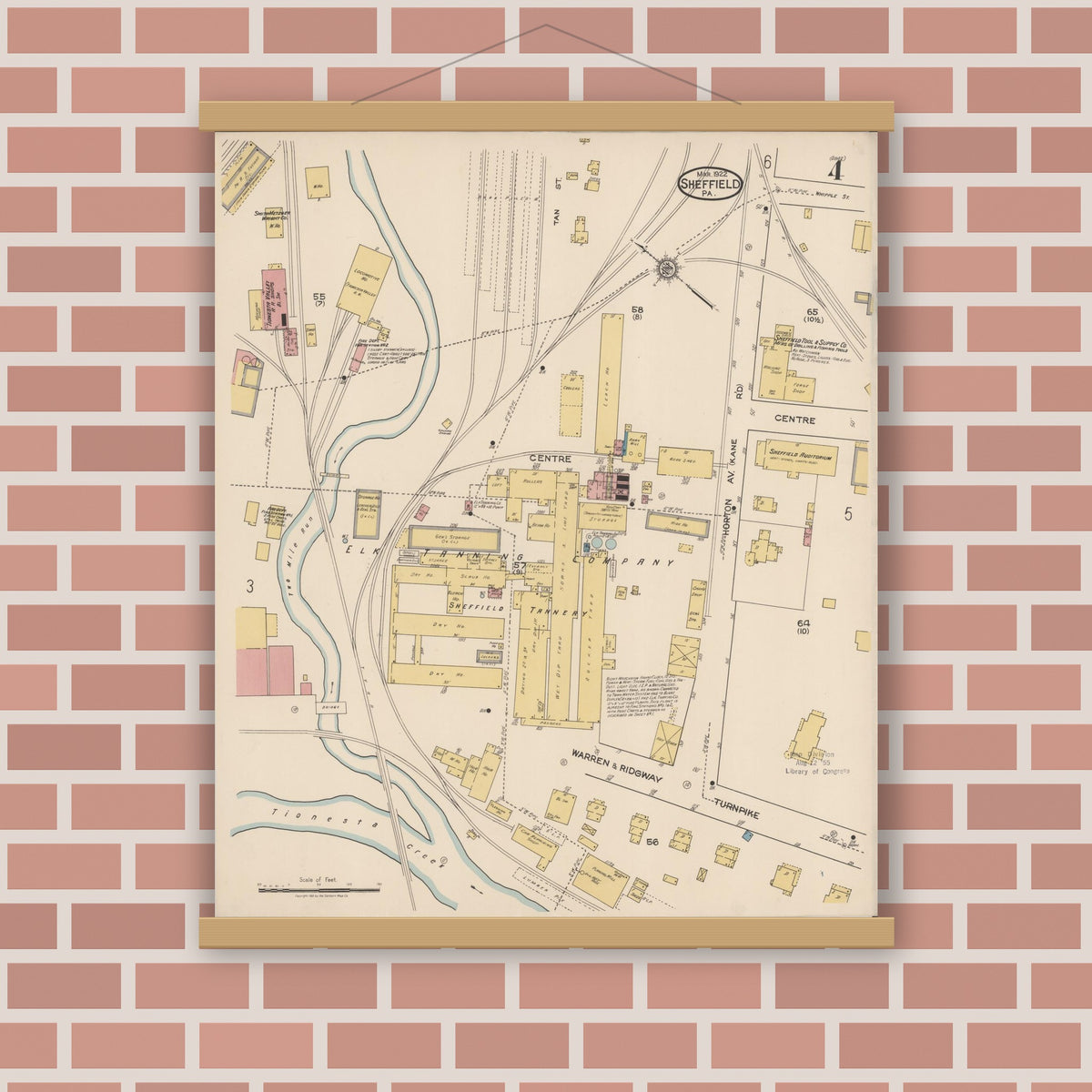 Old map wall art mockup — magnetic wood frame on brick wall — Sanborn Fire Insurance Map from Sheffield, Warren County, Pennsylvania (1922), Sheet #0004