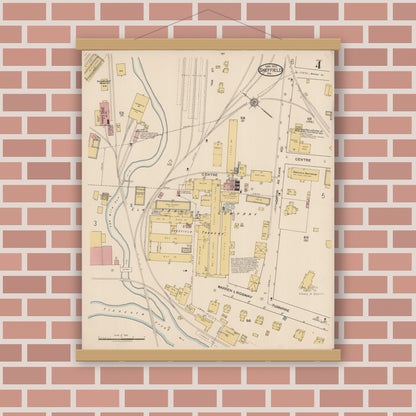 Old map wall art mockup — magnetic wood frame on brick wall — Sanborn Fire Insurance Map from Sheffield, Warren County, Pennsylvania (1922), Sheet #0004