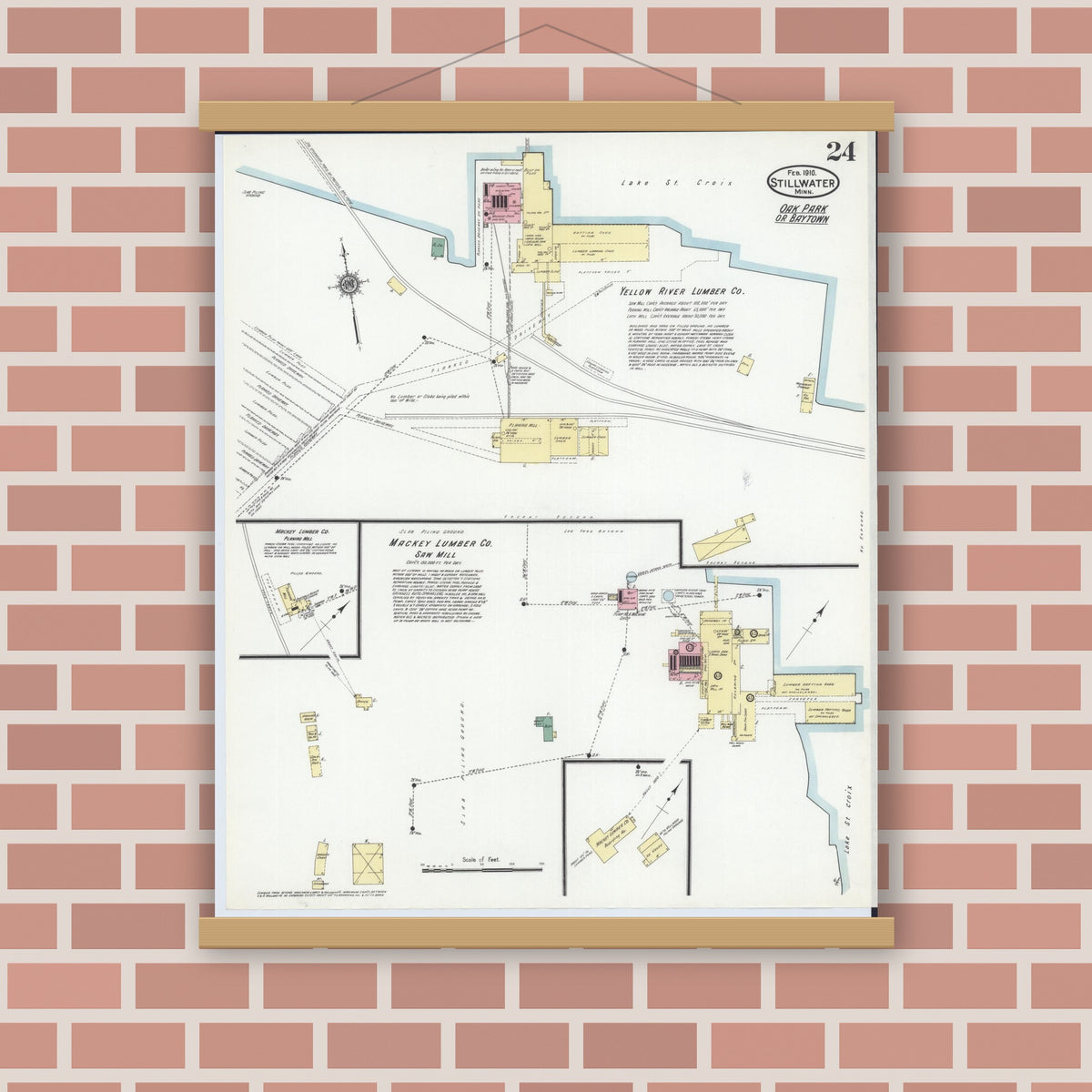 Old map wall art mockup — magnetic wood frame on brick wall — Sanborn Fire Insurance Map from Stillwater, Washington County, Minnesota (1910), Sheet #0024