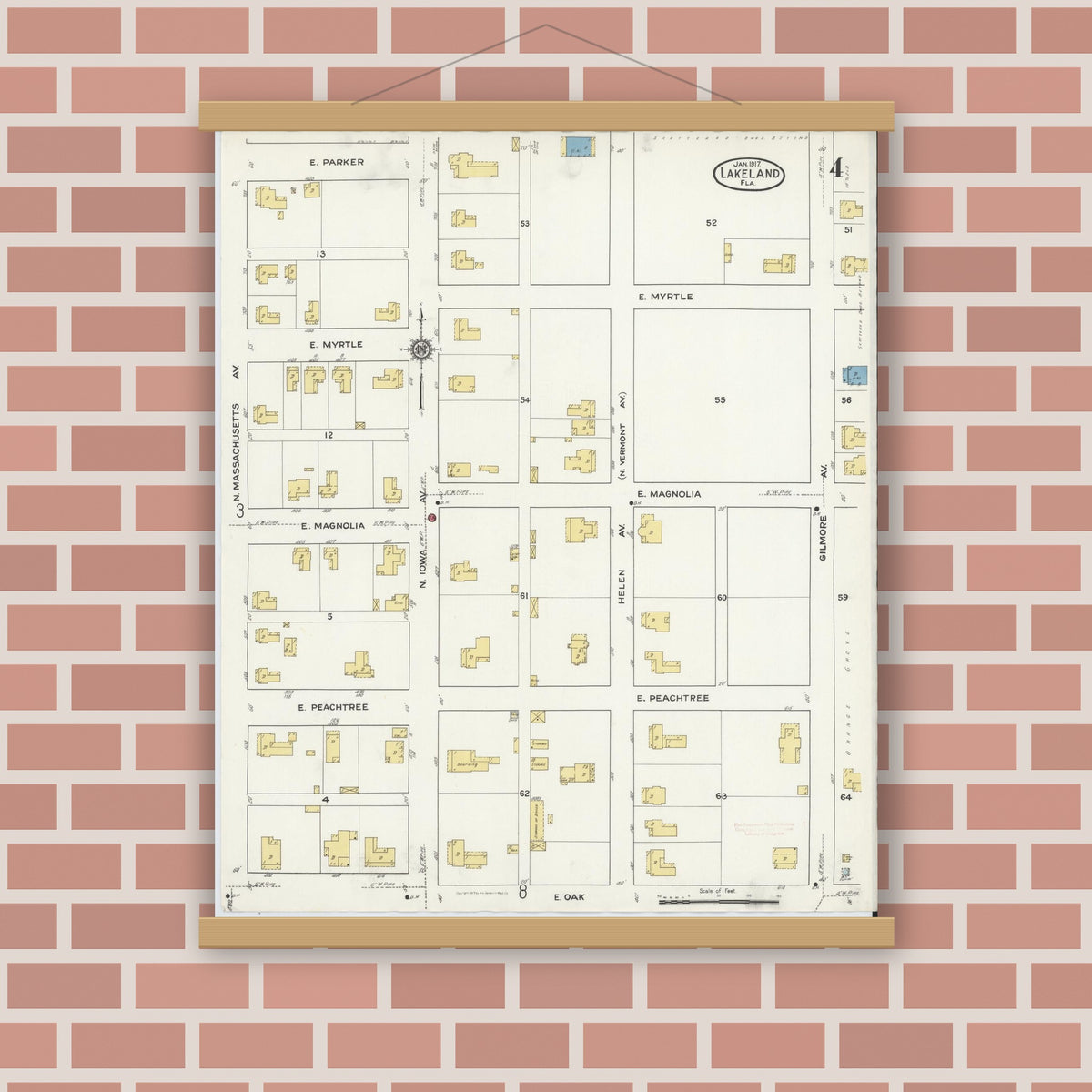 Old map wall art mockup — magnetic wood frame on brick wall — Sanborn Fire Insurance Map from Lakeland, Polk County, Florida (1917), Sheet #0004