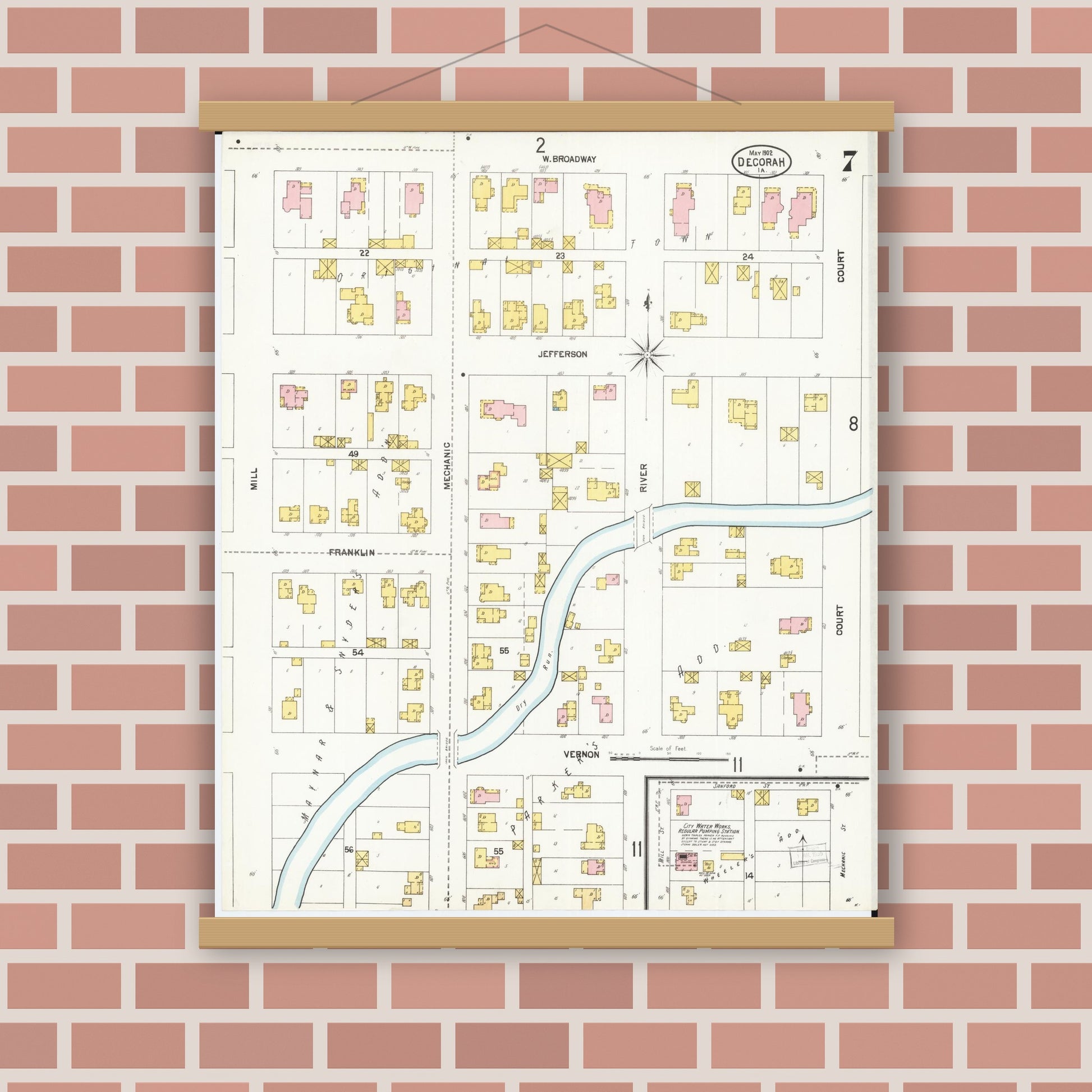 Old map wall art mockup — magnetic wood frame on brick wall — Sanborn Fire Insurance Map from Decorah, Winneshiek County, Iowa (1902), Sheet #0007