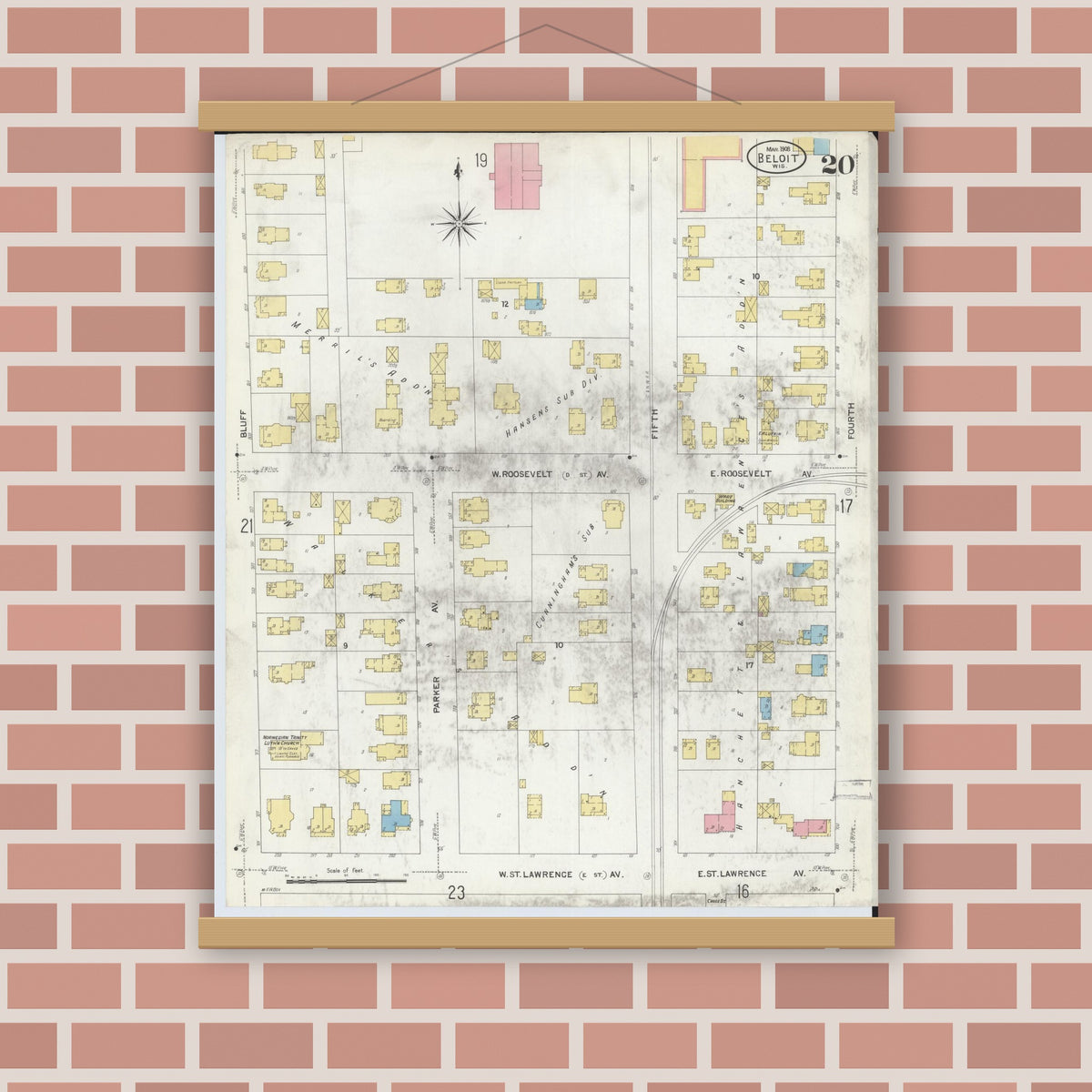 Old map wall art mockup — magnetic wood frame on brick wall — Sanborn Fire Insurance Map from Beloit, Rock County, Wisconsin (1908), Sheet #0020