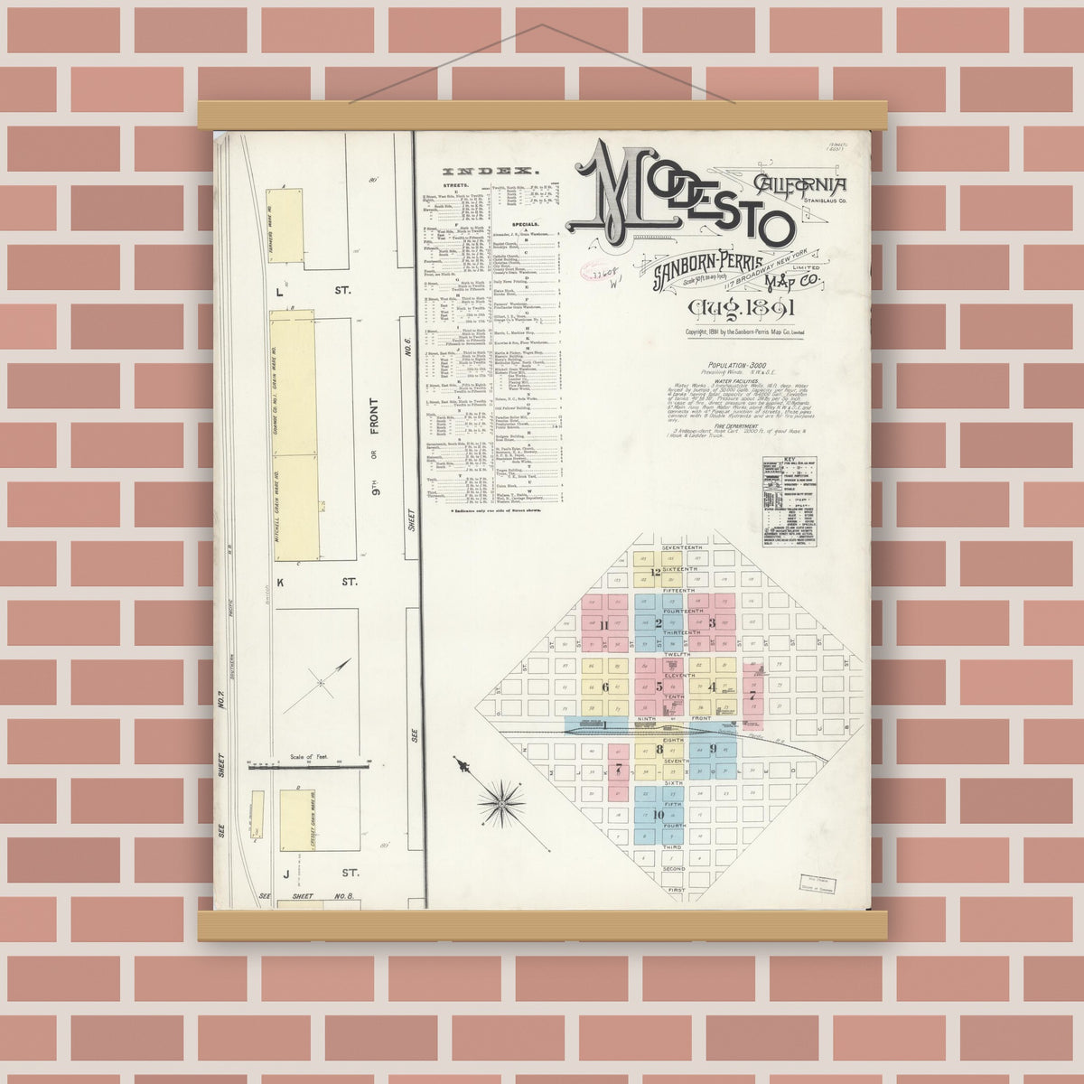Old map wall art mockup — magnetic wood frame on brick wall — Sanborn Fire Insurance Map from Modesto, Stanislaus County, California (1891) - Complete Map Set