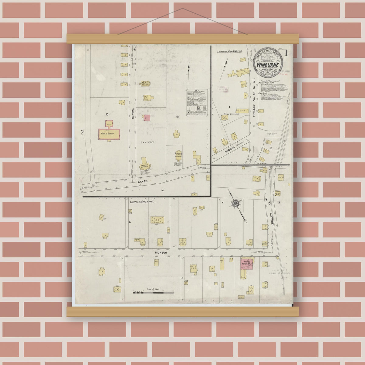 Old map wall art mockup — magnetic wood frame on brick wall — Sanborn Fire Insurance Map from Winburne, Clearfield County, Pennsylvania (1911) - Complete Map Set