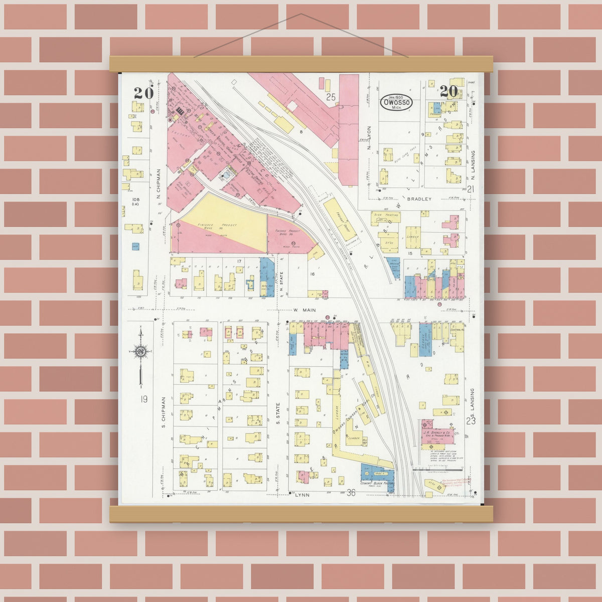 Old map wall art mockup — magnetic wood frame on brick wall — Sanborn Fire Insurance Map from Owosso, Shiawassee County, Michigan (1930), Sheet #0020