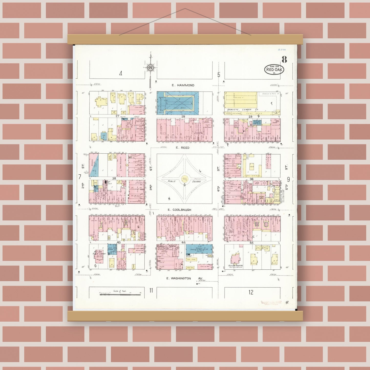 Old map wall art mockup — magnetic wood frame on brick wall — Sanborn Fire Insurance Map from Red Oak, Montgomery County, Iowa (1914), Sheet #0008