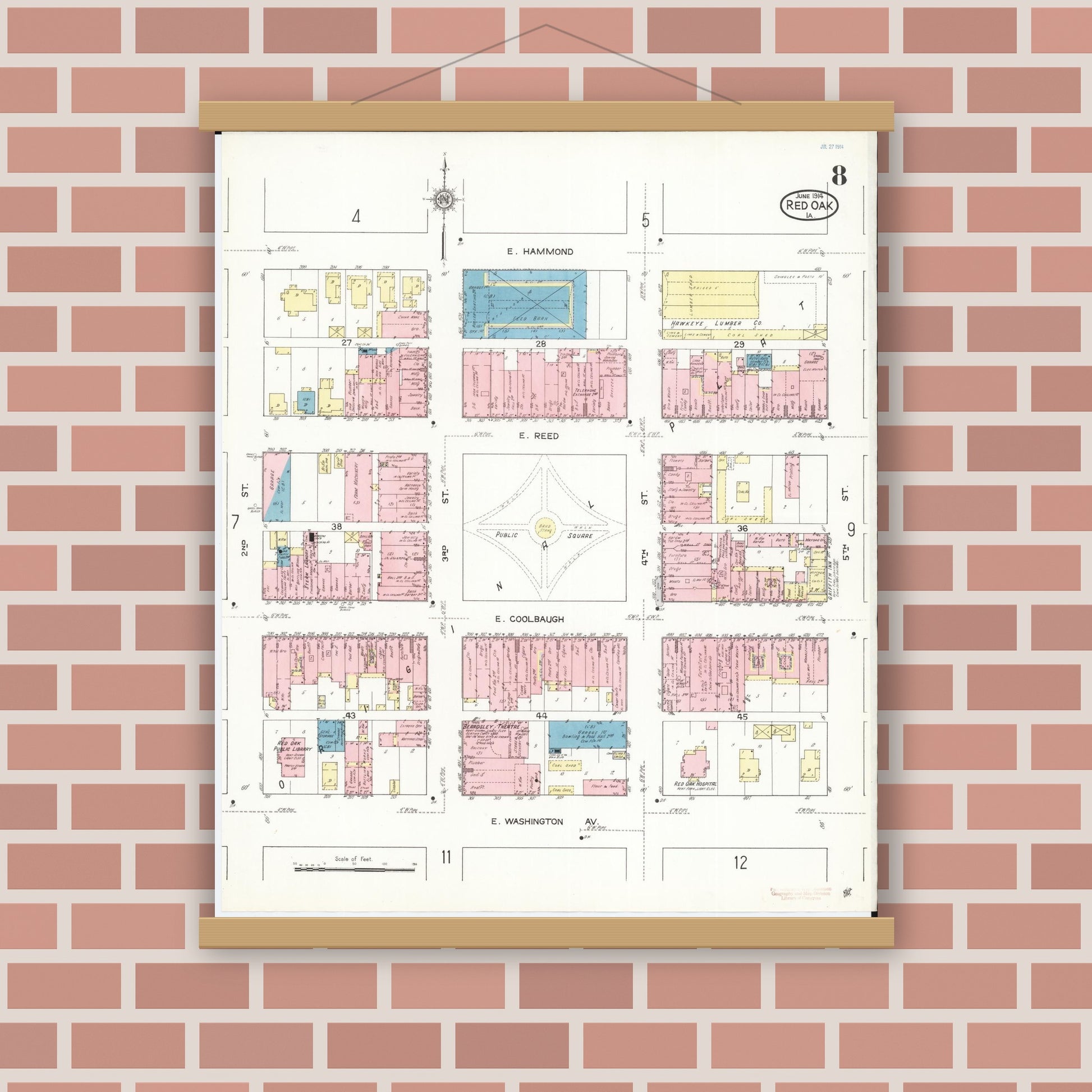 Old map wall art mockup — magnetic wood frame on brick wall — Sanborn Fire Insurance Map from Red Oak, Montgomery County, Iowa (1914), Sheet #0008