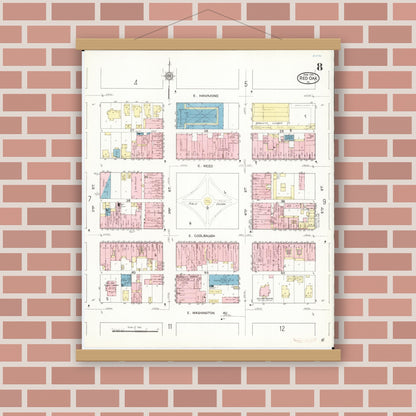 Old map wall art mockup — magnetic wood frame on brick wall — Sanborn Fire Insurance Map from Red Oak, Montgomery County, Iowa (1914), Sheet #0008