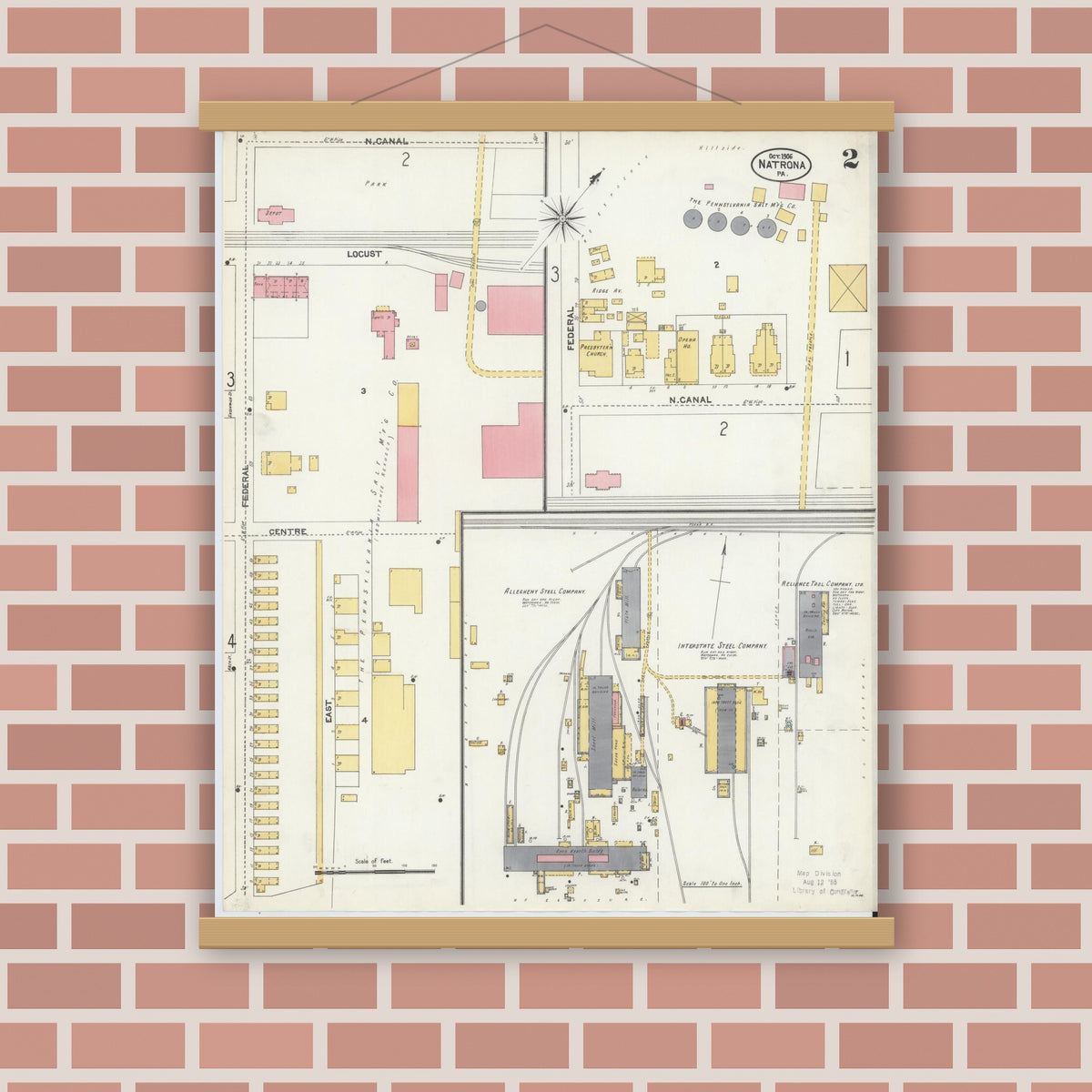 Old map wall art mockup — magnetic wood frame on brick wall — Sanborn Fire Insurance Map from Natrona, Allegheny County, Pennsylvania (1906), Sheet #0002