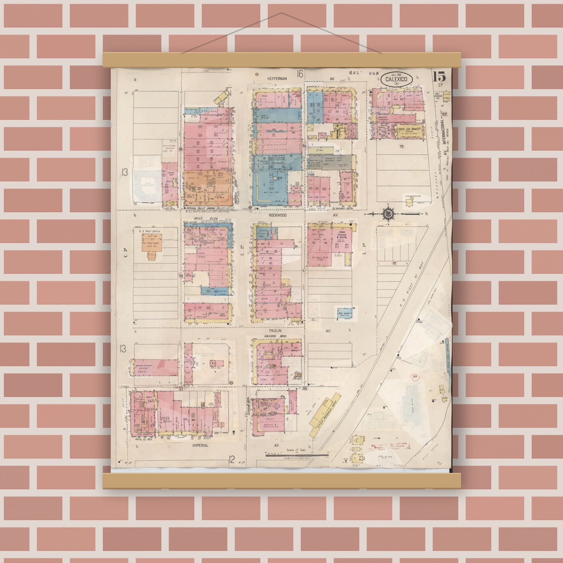 Old map wall art mockup — magnetic wood frame on brick wall — Sanborn Fire Insurance Map from Calexico, Imperial County, California (1949), Sheet #0015