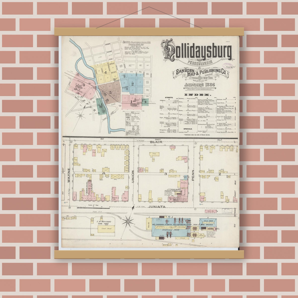 Old map wall art mockup — magnetic wood frame on brick wall — Sanborn Fire Insurance Map from Hollidaysburg, Blair County, Pennsylvania (1886), Sheet #0001