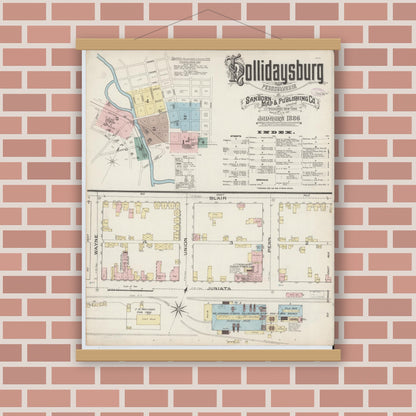 Old map wall art mockup — magnetic wood frame on brick wall — Sanborn Fire Insurance Map from Hollidaysburg, Blair County, Pennsylvania (1886), Sheet #0001