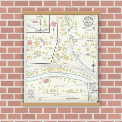 Old map wall art mockup — magnetic wood frame on brick wall — Sanborn Fire Insurance Map from Barton, Belmont County, Ohio (1917), Sheet #0001