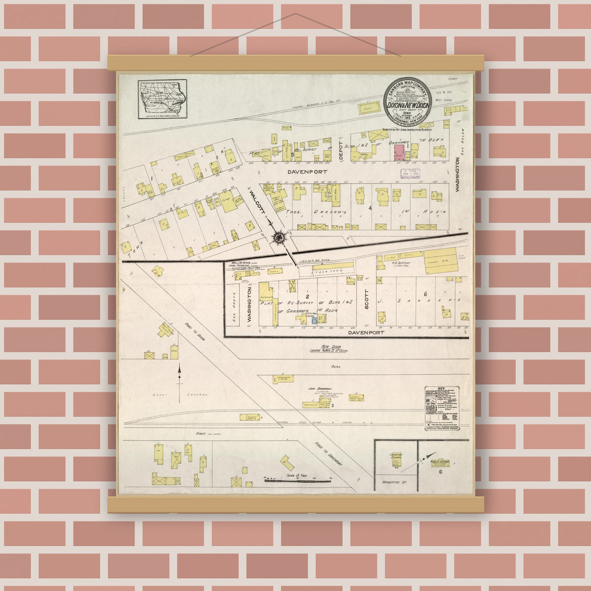 Old map wall art mockup — magnetic wood frame on brick wall — Sanborn Fire Insurance Map from Dixon, Scott County, Iowa (1913), Sheet #0001