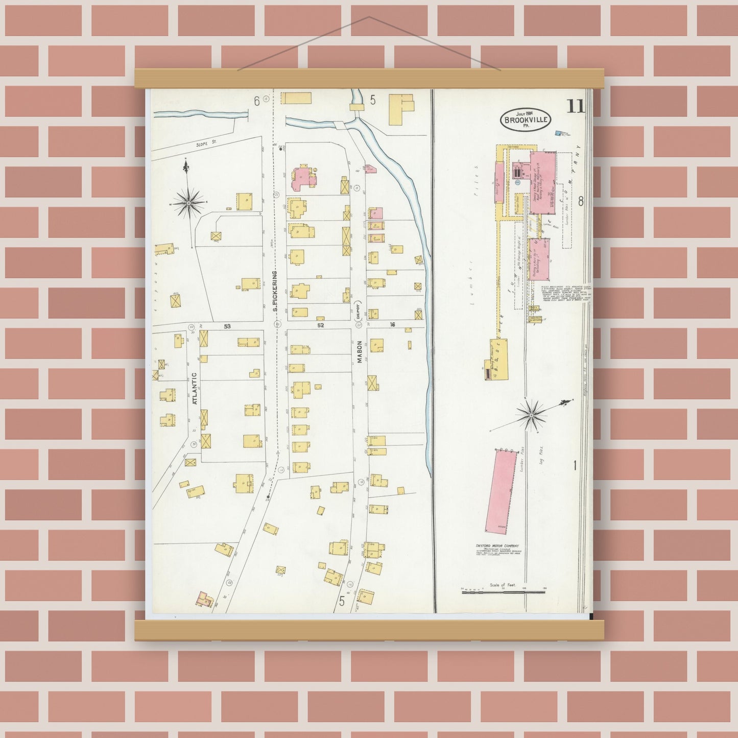 Old map wall art mockup — magnetic wood frame on brick wall — Sanborn Fire Insurance Map from Brookville, Jefferson County, Pennsylvania (1904), Sheet #0011