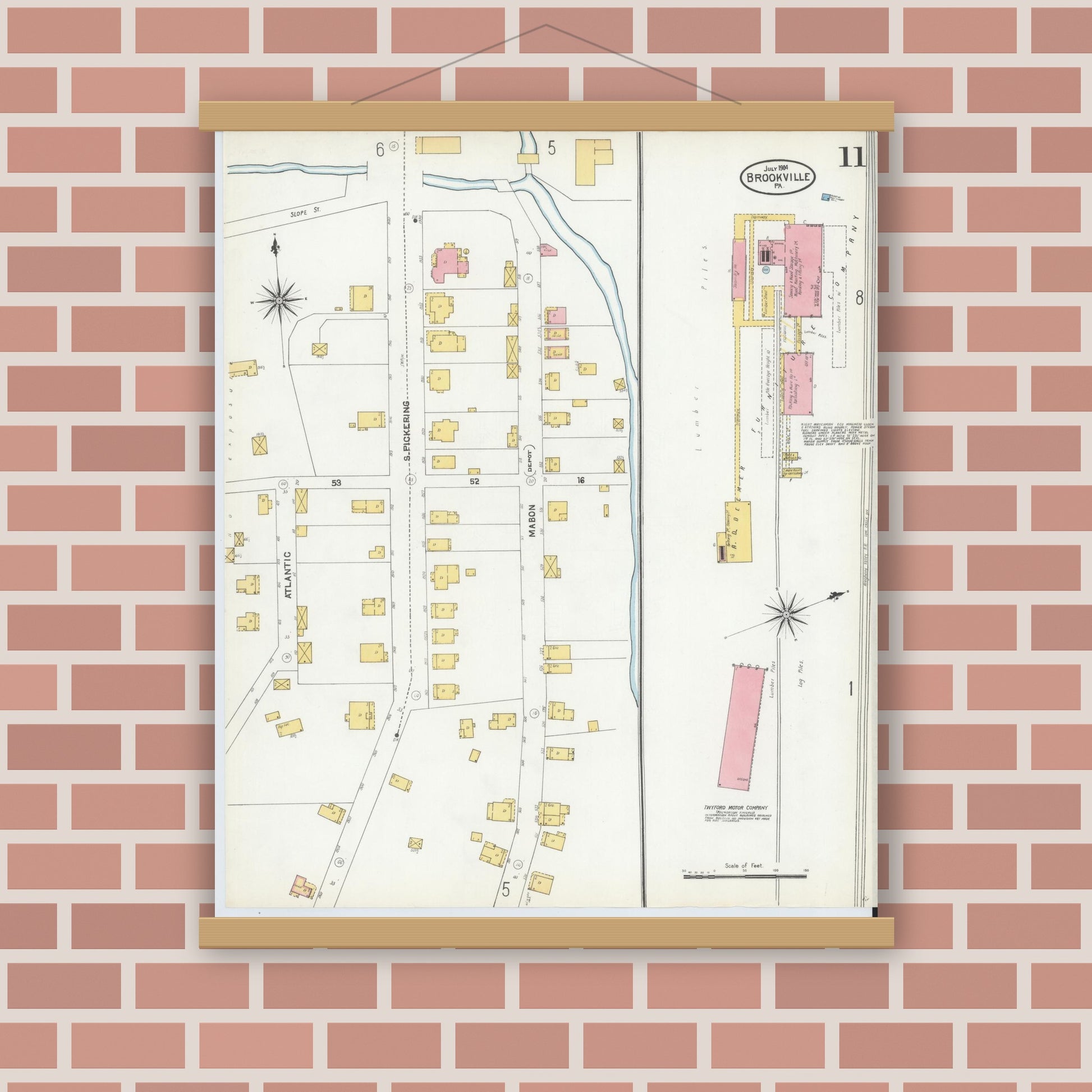 Old map wall art mockup — magnetic wood frame on brick wall — Sanborn Fire Insurance Map from Brookville, Jefferson County, Pennsylvania (1904), Sheet #0011