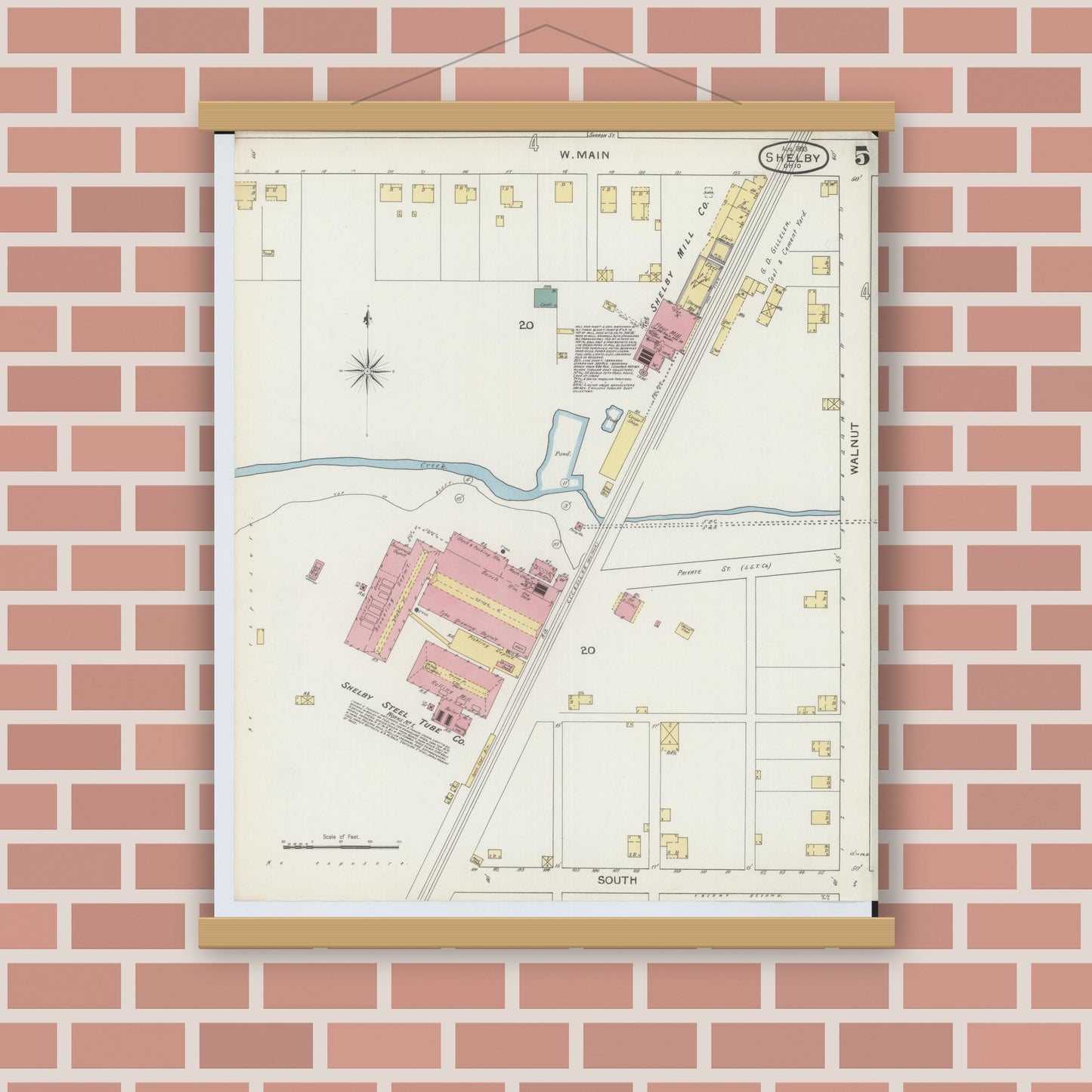 Old map wall art mockup — magnetic wood frame on brick wall — Sanborn Fire Insurance Map from Shelby, Richland County, Ohio (1893), Sheet #0005