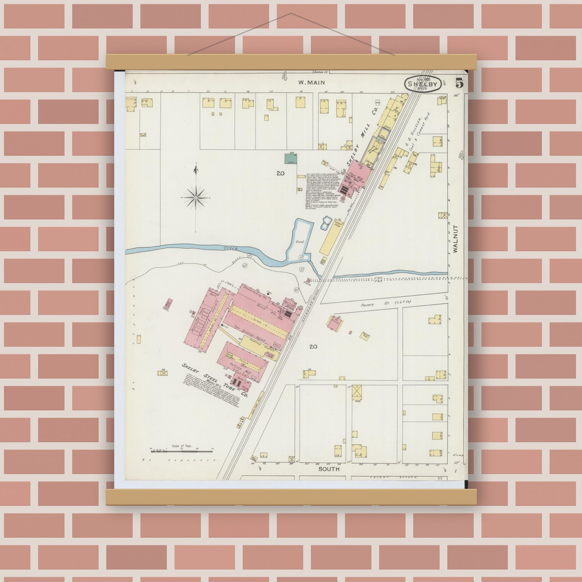 Old map wall art mockup — magnetic wood frame on brick wall — Sanborn Fire Insurance Map from Shelby, Richland County, Ohio (1893), Sheet #0005