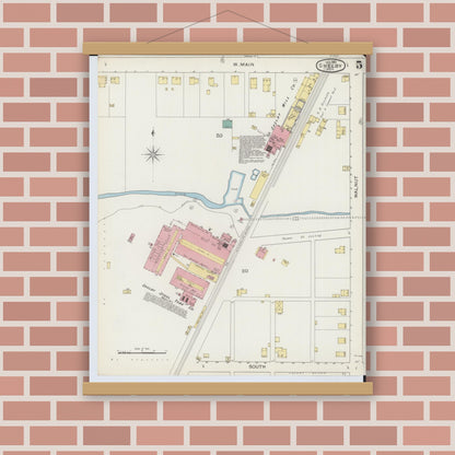 Old map wall art mockup — magnetic wood frame on brick wall — Sanborn Fire Insurance Map from Shelby, Richland County, Ohio (1893), Sheet #0005