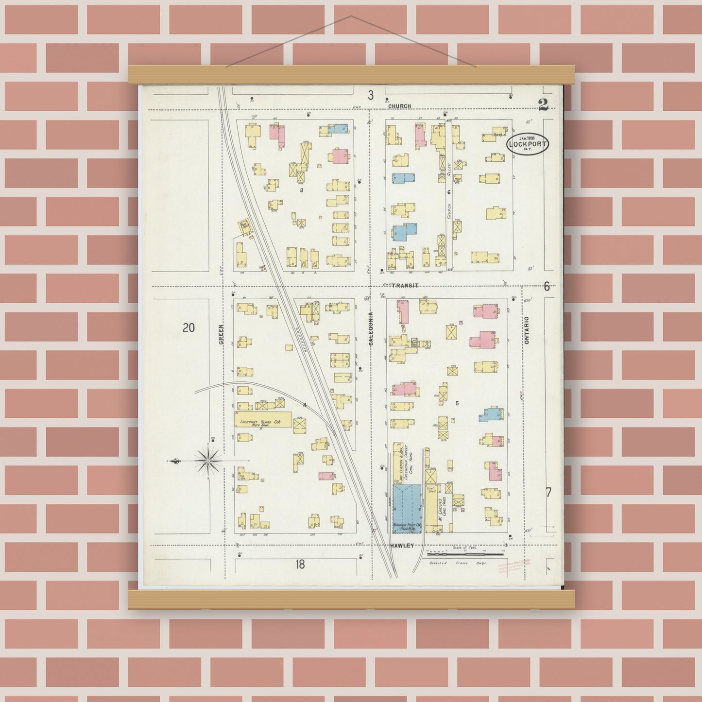 Old map wall art mockup — magnetic wood frame on brick wall — Sanborn Fire Insurance Map from Lockport, Niagara County, New York (1898) - Complete Map Set