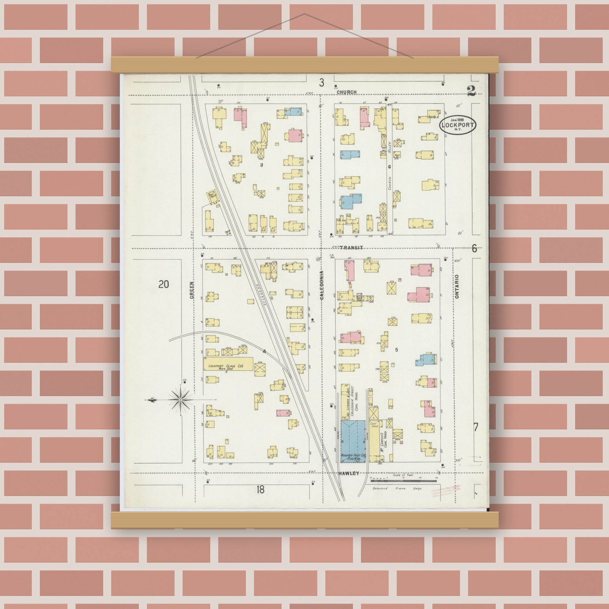 Old map wall art mockup — magnetic wood frame on brick wall — Sanborn Fire Insurance Map from Lockport, Niagara County, New York (1898) - Complete Map Set