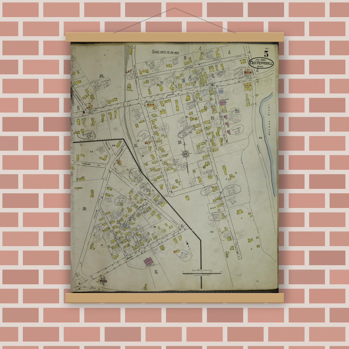 Old map wall art mockup — magnetic wood frame on brick wall — Sanborn Fire Insurance Map from East Pepperell, Middlesex County, Massachusetts (1953), Sheet #0005