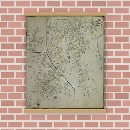 Old map wall art mockup — magnetic wood frame on brick wall — Sanborn Fire Insurance Map from East Pepperell, Middlesex County, Massachusetts (1953), Sheet #0005