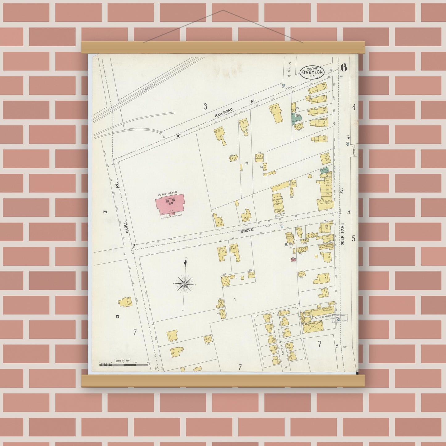 Old map wall art mockup — magnetic wood frame on brick wall — Sanborn Fire Insurance Map from Babylon, Suffolk County, New York (1902), Sheet #0006