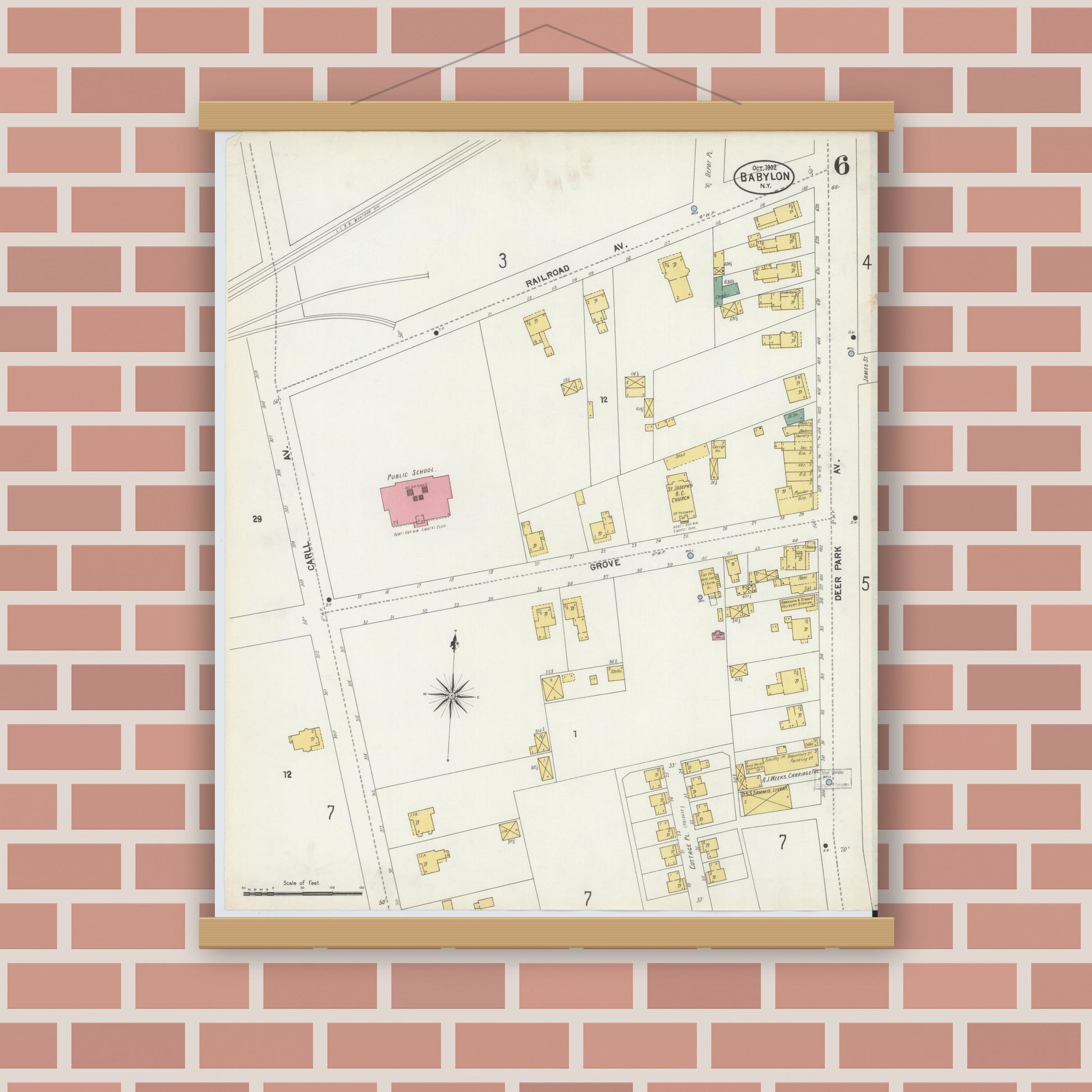 Old map wall art mockup — magnetic wood frame on brick wall — Sanborn Fire Insurance Map from Babylon, Suffolk County, New York (1902), Sheet #0006