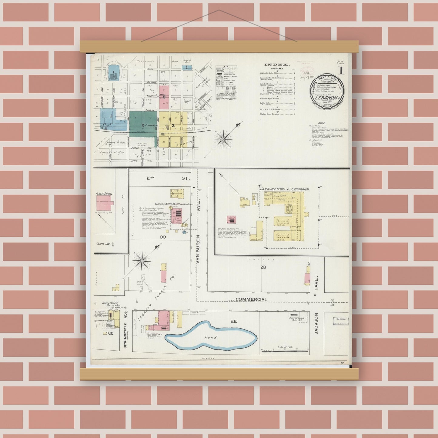 Old map wall art mockup — magnetic wood frame on brick wall — Sanborn Fire Insurance Map from Lebanon, Laclede County, Missouri (1893), Sheet #0001