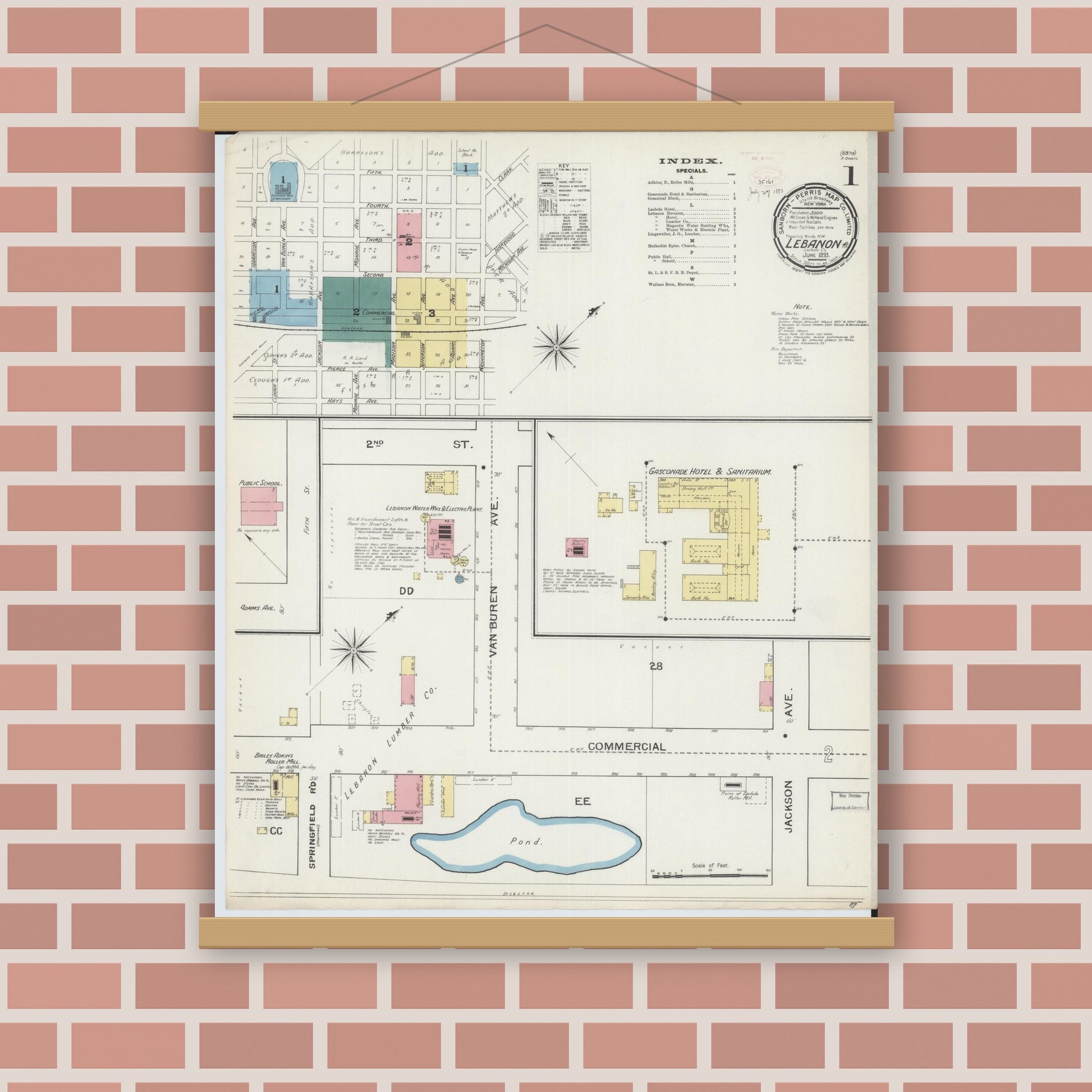 Old map wall art mockup — magnetic wood frame on brick wall — Sanborn Fire Insurance Map from Lebanon, Laclede County, Missouri (1893), Sheet #0001