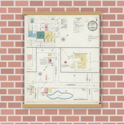 Old map wall art mockup — magnetic wood frame on brick wall — Sanborn Fire Insurance Map from Lebanon, Laclede County, Missouri (1893), Sheet #0001