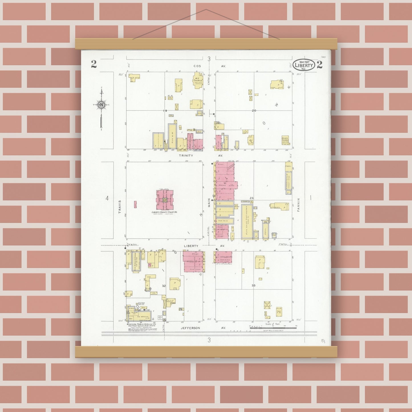 Old map wall art mockup — magnetic wood frame on brick wall — Sanborn Fire Insurance Map from Liberty, Liberty County, Texas (1927), Sheet #0002