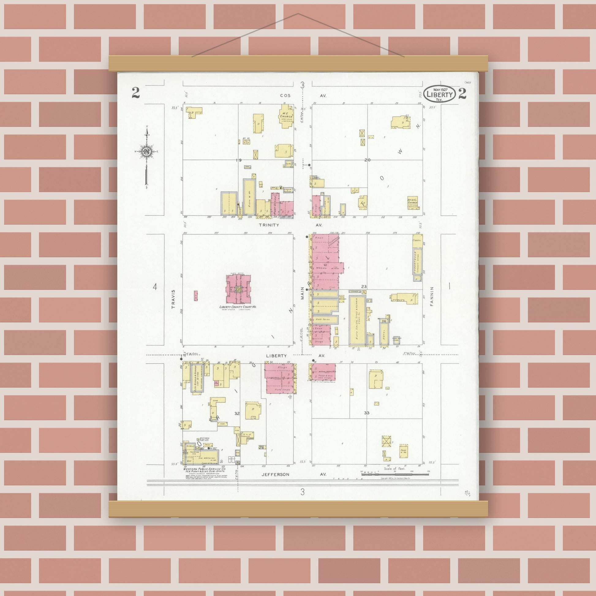 Old map wall art mockup — magnetic wood frame on brick wall — Sanborn Fire Insurance Map from Liberty, Liberty County, Texas (1927), Sheet #0002