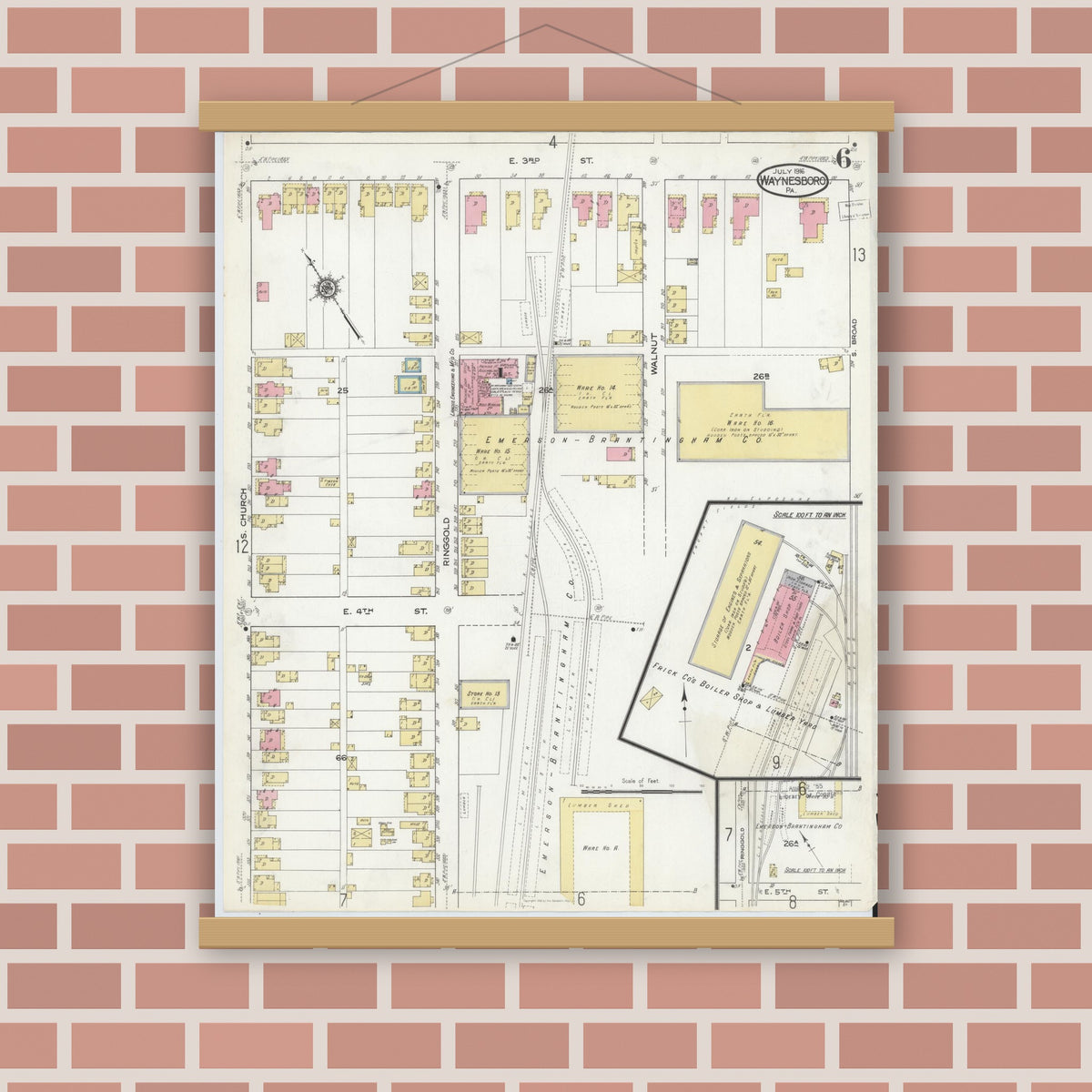 Old map wall art mockup — magnetic wood frame on brick wall — Sanborn Fire Insurance Map from Waynesboro, Franklin County, Pennsylvania (1916), Sheet #0006