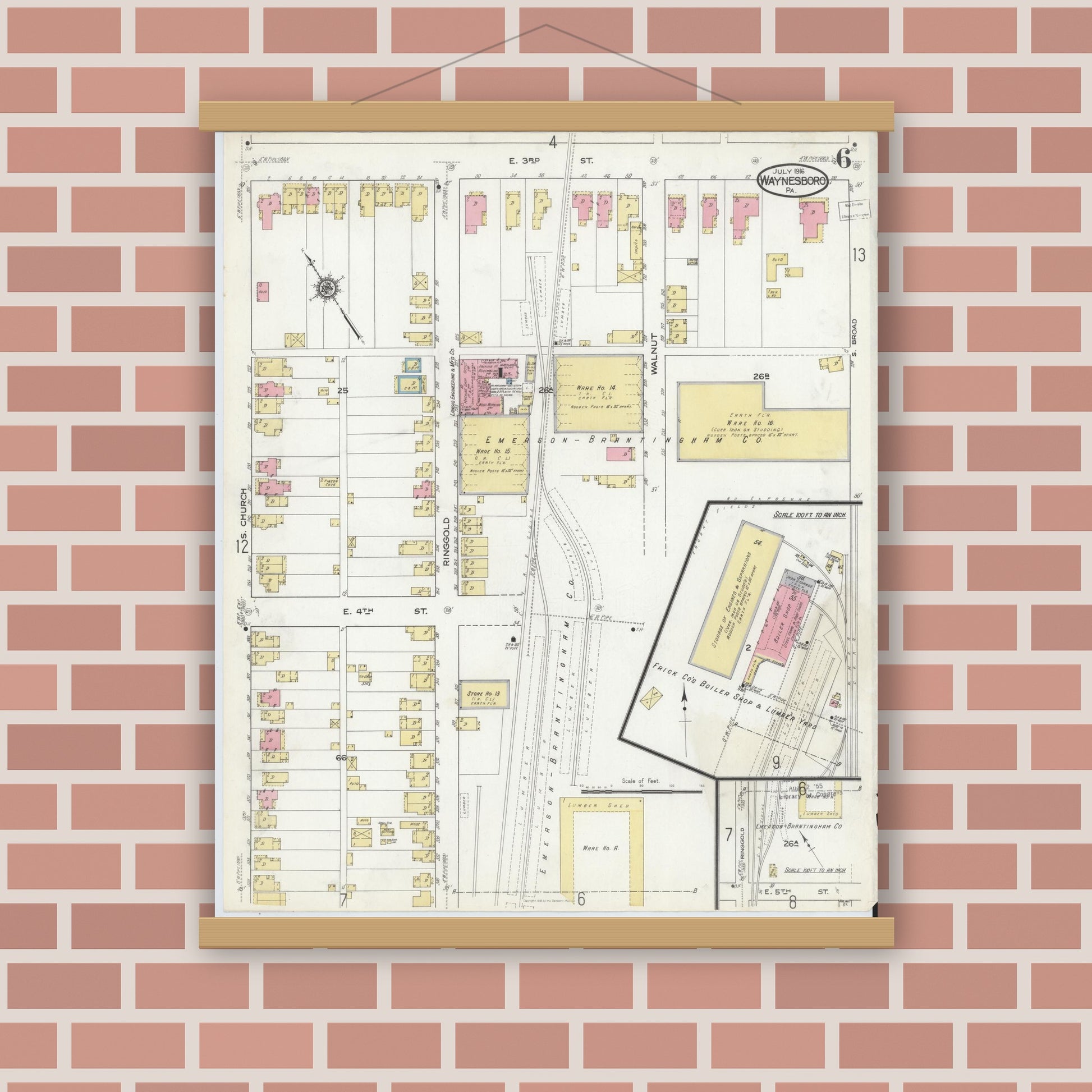 Old map wall art mockup — magnetic wood frame on brick wall — Sanborn Fire Insurance Map from Waynesboro, Franklin County, Pennsylvania (1916), Sheet #0006