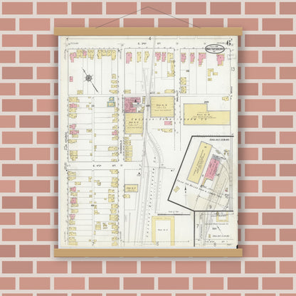 Old map wall art mockup — magnetic wood frame on brick wall — Sanborn Fire Insurance Map from Waynesboro, Franklin County, Pennsylvania (1916), Sheet #0006