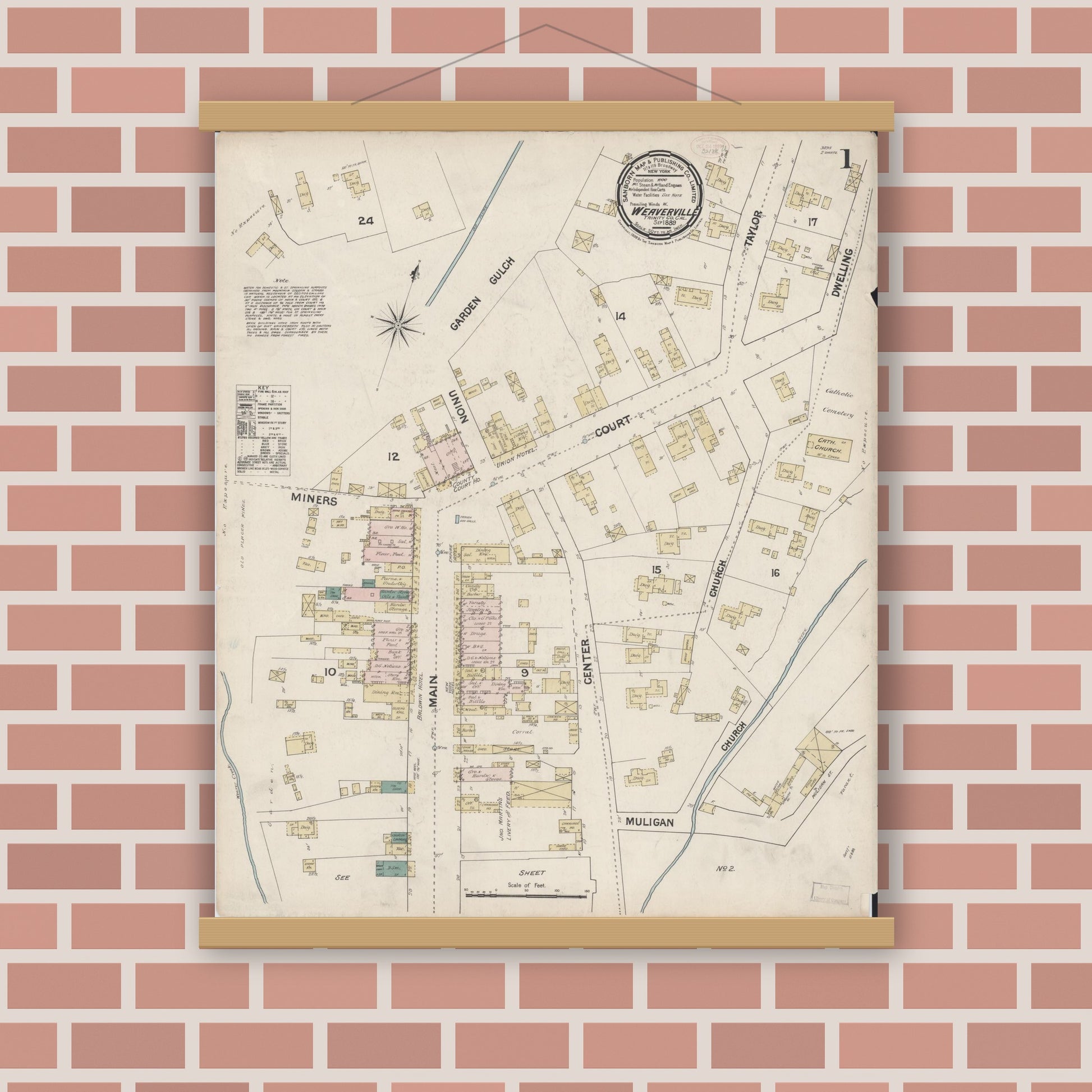 Old map wall art mockup — magnetic wood frame on brick wall — Sanborn Fire Insurance Map from Weaverville, Trinity County, California (1889) - Complete Map Set
