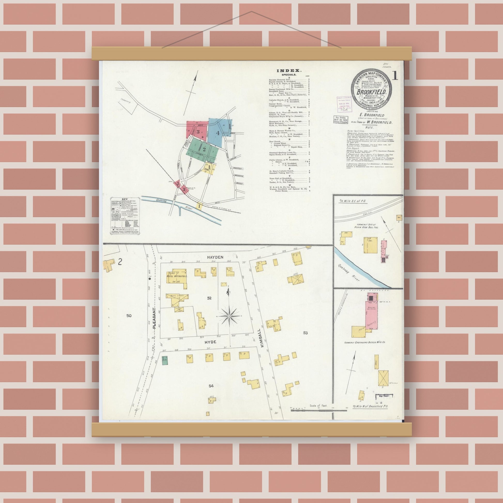 Old map wall art mockup — magnetic wood frame on brick wall — Sanborn Fire Insurance Map from Brookfield, Worcester County, Massachusetts (1904), Sheet #0001