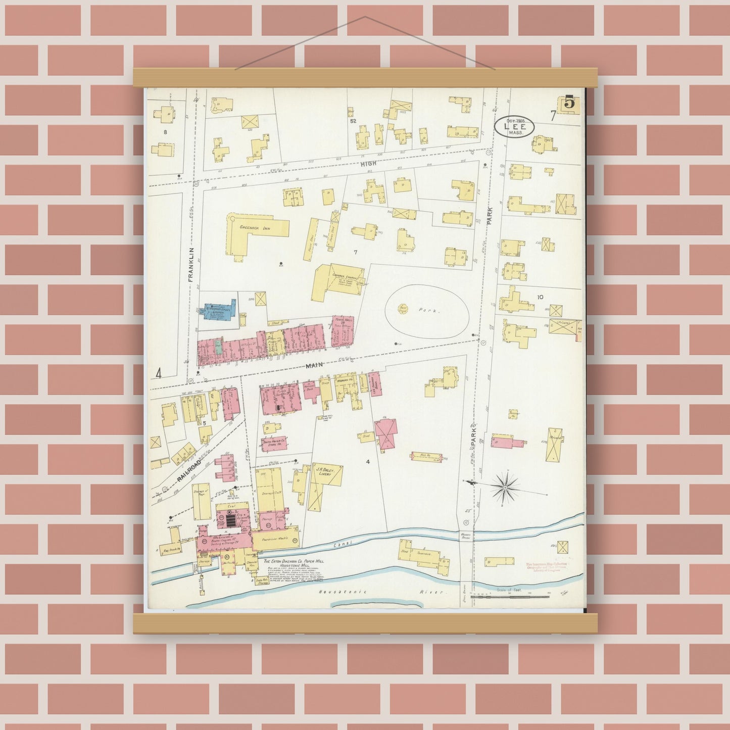 Old map wall art mockup — magnetic wood frame on brick wall — Sanborn Fire Insurance Map from Lee, Berkshire County, Massachusetts (1905), Sheet #0005