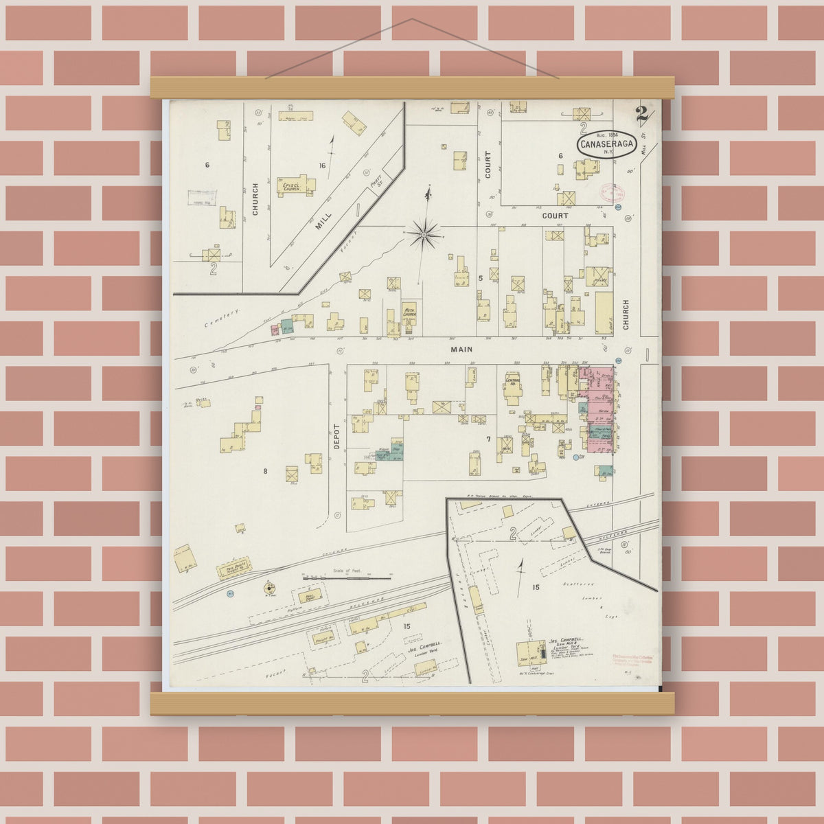 Old map wall art mockup — magnetic wood frame on brick wall — Sanborn Fire Insurance Map from Canaseraga, Allegany County, New York (1894), Sheet #0002
