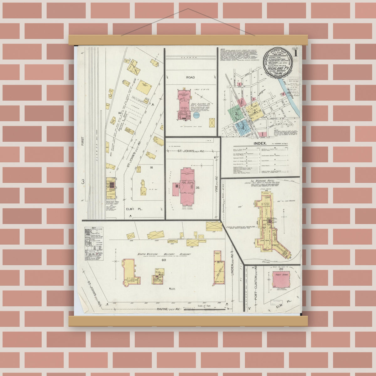 Old map wall art mockup — magnetic wood frame on brick wall — Sanborn Fire Insurance Map from Highland Park, Lake County, Illinois (1900) - Complete Map Set