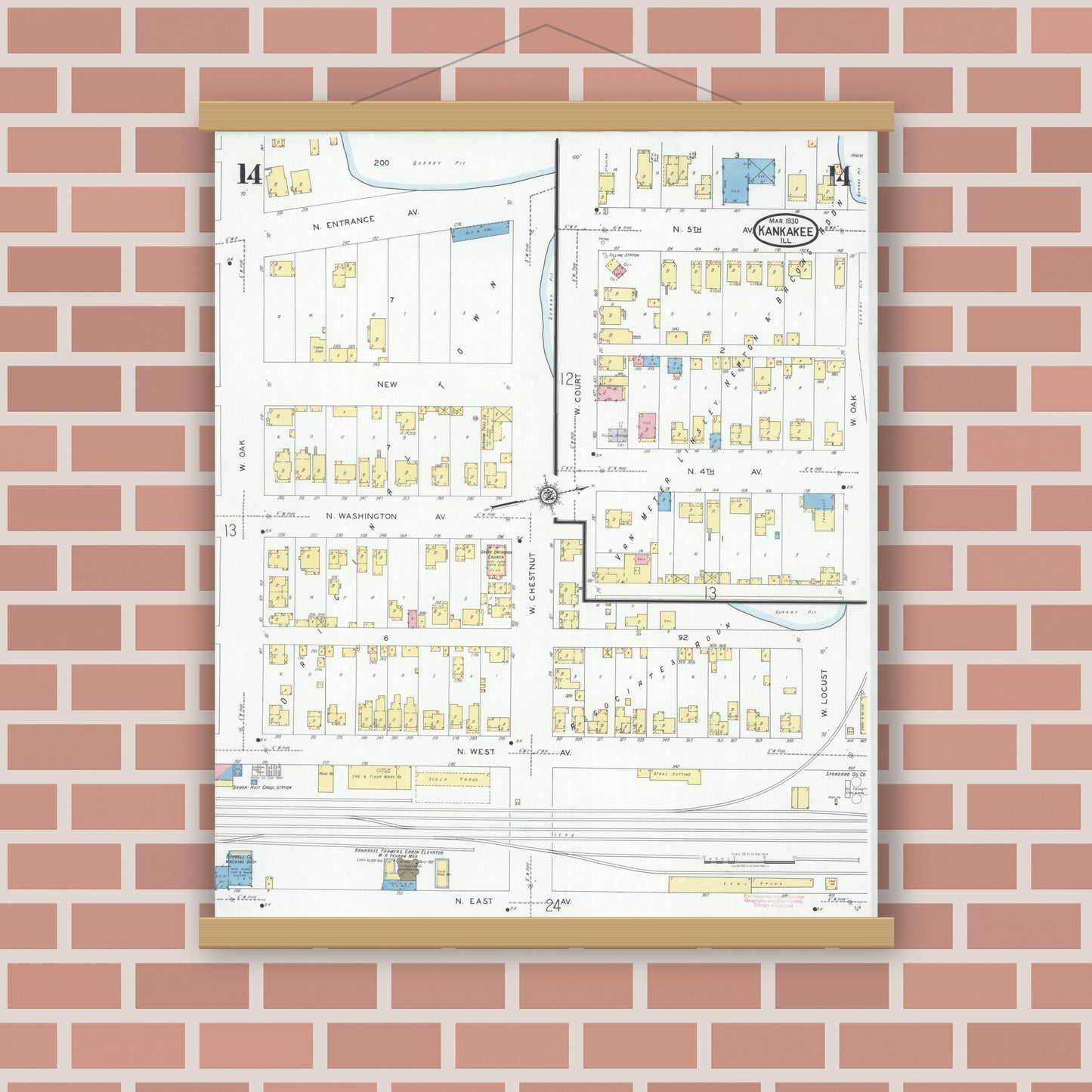 Old map wall art mockup — magnetic wood frame on brick wall — Sanborn Fire Insurance Map from Kankakee, Kankakee County, Illinois (1930), Sheet #0014