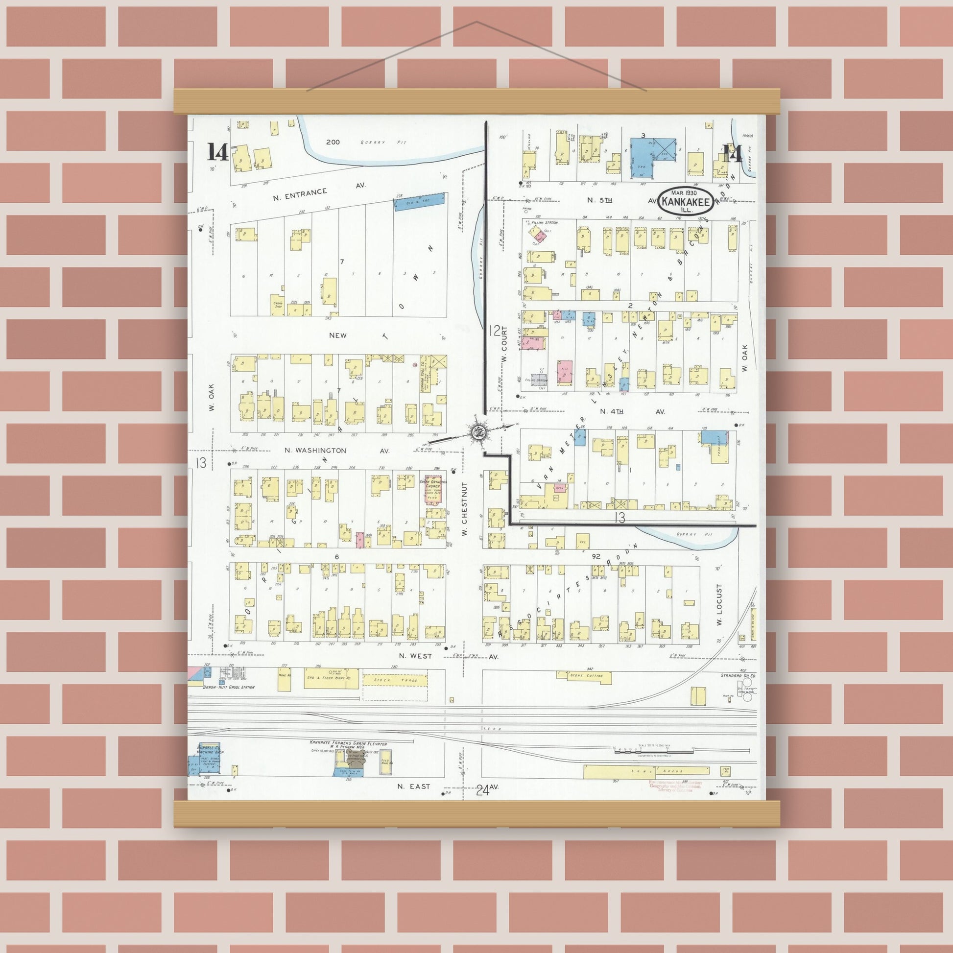 Old map wall art mockup — magnetic wood frame on brick wall — Sanborn Fire Insurance Map from Kankakee, Kankakee County, Illinois (1930), Sheet #0014
